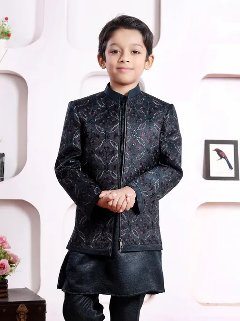 Charcoal grey silk indo western set with sequins work