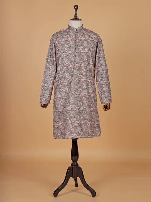 Charming brown printed silk kurta suit for men