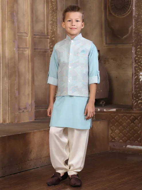 Charming mint green zari textured waistcoat set for boys