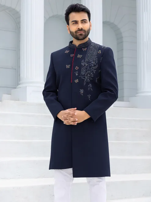 Charming navy blue terry rayon Indowestern