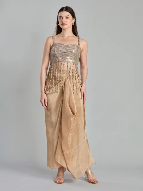 Chic beige satin georgette indo western drape skirt set