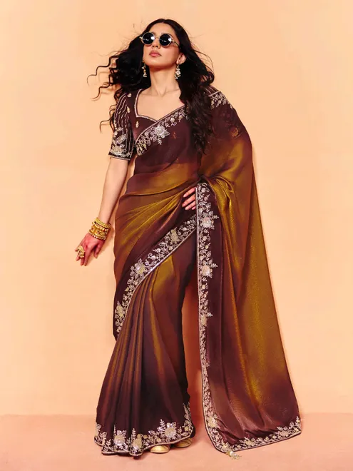 Chocolate brown tissue silk festive embroidered work saree