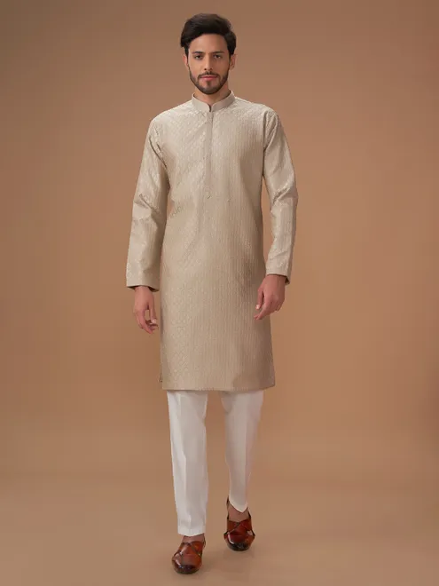 Classic beige silk embroidery  Men Kurta pajama