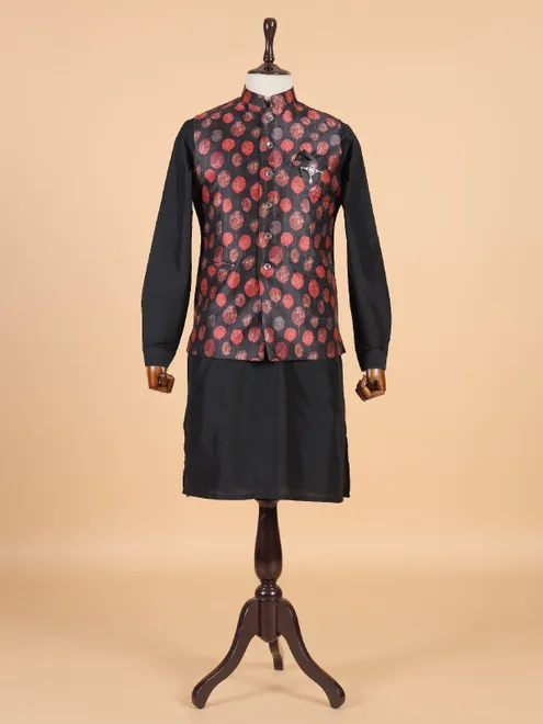 Classic black printed silk waistcoat set