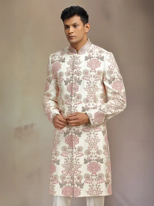 Classic cream silk zardosi sherwani
