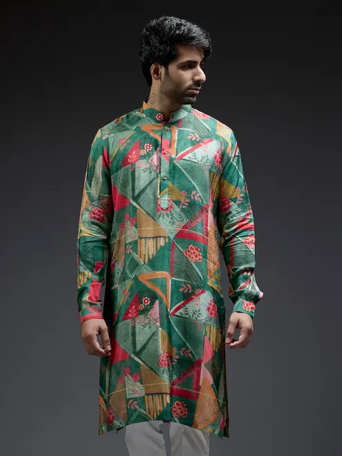 Classic green geometrical printed kurta suit in silk