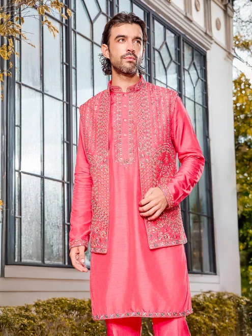 Classic magenta soft art silk thread waistcoat set