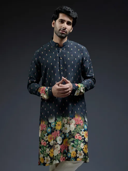 Classic navy flower floral print silk kurta suit