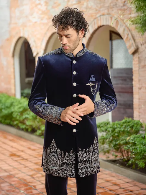 Classic navy velvet cutdana indo western suit