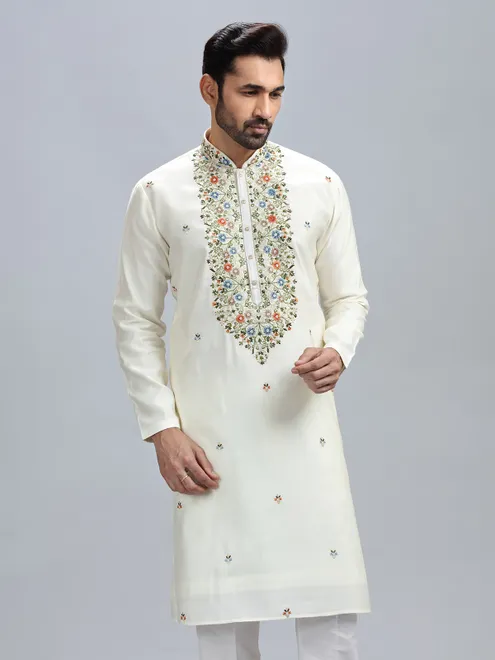 Classic off white cotton silk kurta set for men