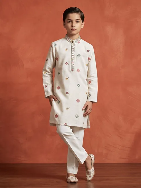Classic off white embroidered cotton silk kurta suit