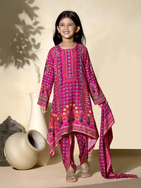 Classic pink printed dhoti suit with dupatta