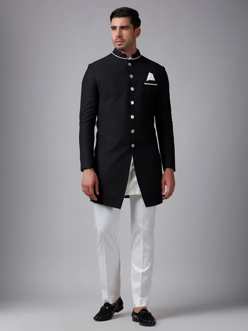 Classic plain black terry rayon indowestern