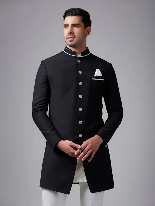 Classic plain black terry rayon indowestern