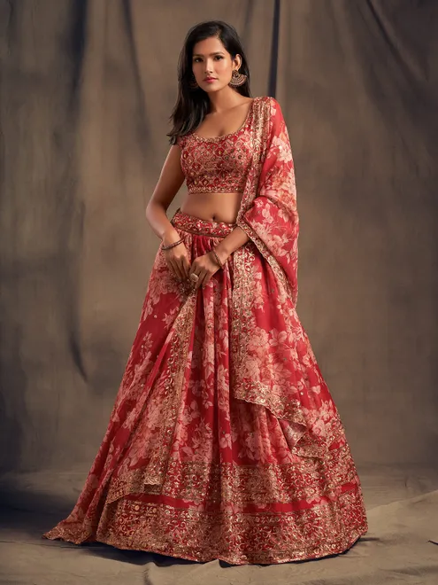 Classic red floral organza festive lehenga choli