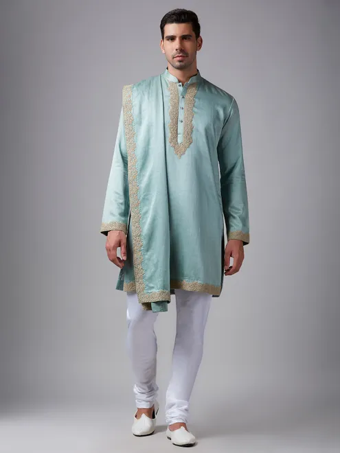Classic sea green silk men kurta pajama
