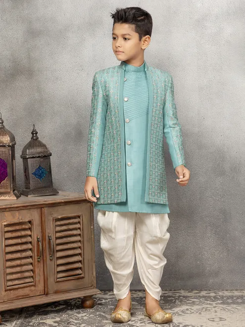 Classic sky blue silk indowestern
