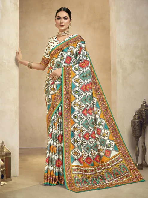 Classic white digital printed crepe silk saree