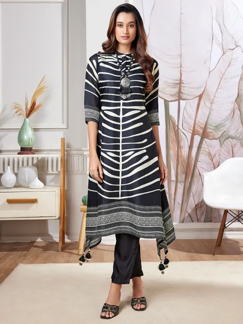 Classy black printed russian silk kurti set
