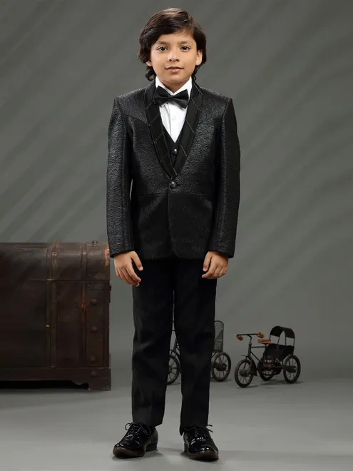 Classy black textured terry rayon coat suit