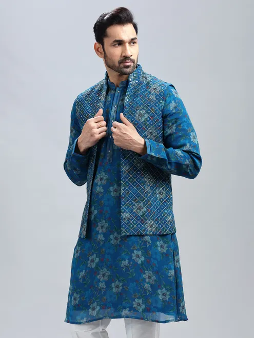 Classy blue georgette waistcoat set for men