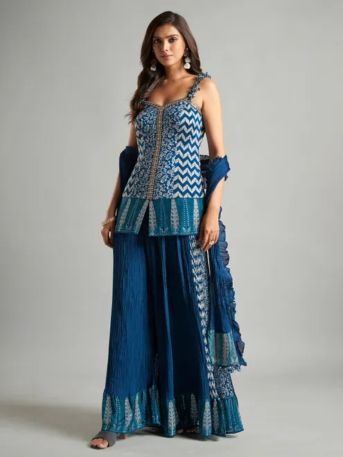 Classy blue silk printed palazzo suit