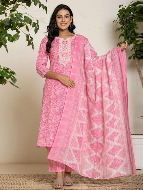 Classy bright pink printed georgette kurti set