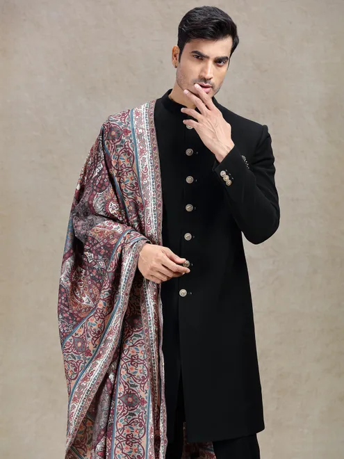 Classy charming black sherwani with pashmina dupatta