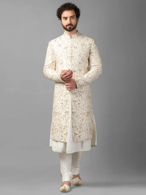 Classy off-white raw silk sherwani
