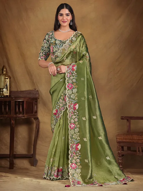 Classy pista green tissue silk saree for wedding