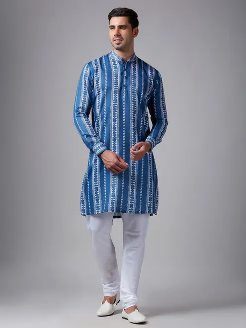 Classy printed blue cotton men kurta pajama