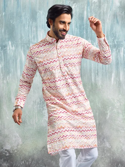 Classy white zig zag pattern kurta