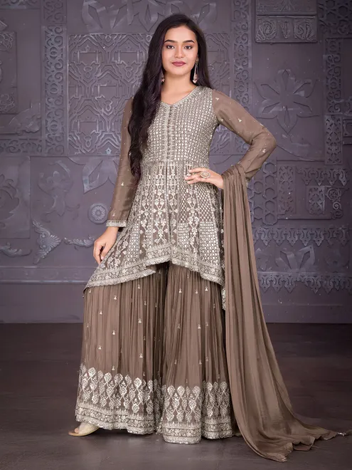 Coffee color silk sharara suit with dupatta