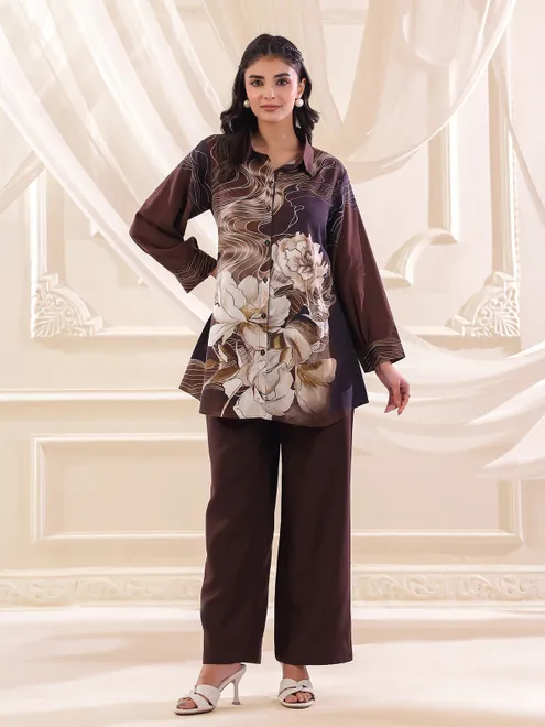Coffee color silver linen floral printed co ord set