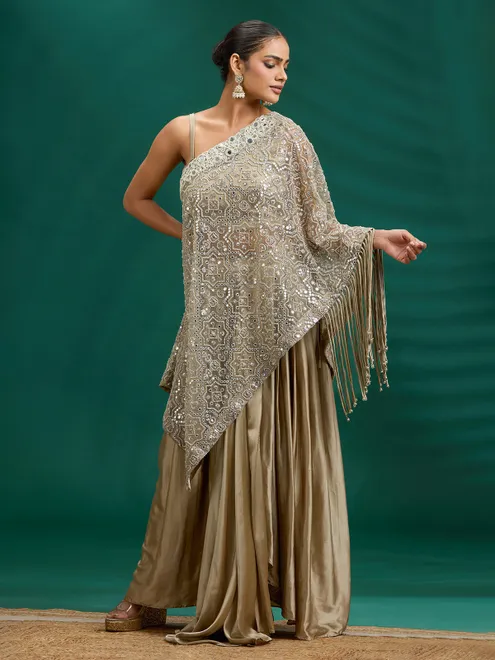 Contemporary beige one shoulder cape fusion outfit