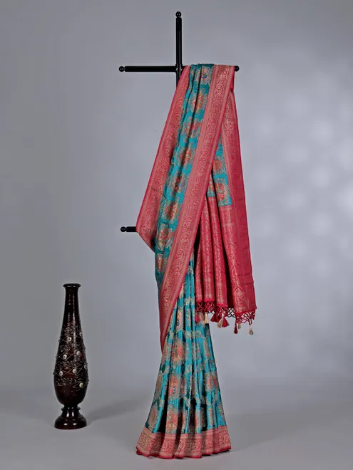 Cool aqua mashru silk saree with subtle zari work