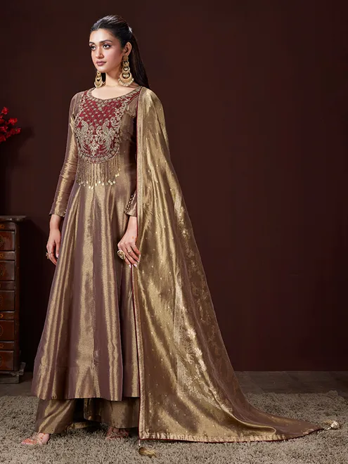 Copper gold silk anarkali suit with zari worked duaptta