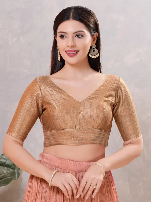 Copper gold zari jacquard V neck blouse