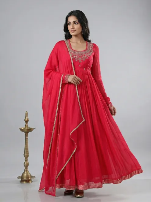 Coral pink anarkali suit with dupatta