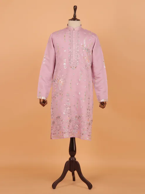 Cotton candy pink embroided designed kurta set for men