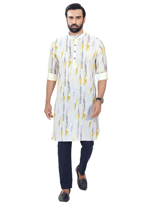 Cotton grey and white printed  Men Kurta pajama