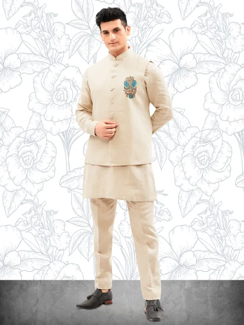 Cotton light khakhi waistcoat set for men