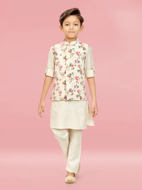 Cotton silk cream printed waistcoat set
