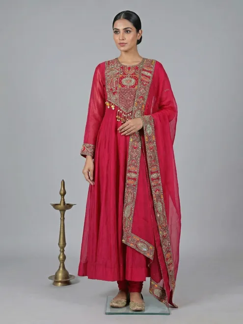 Cotton silk magenta anarkali suit