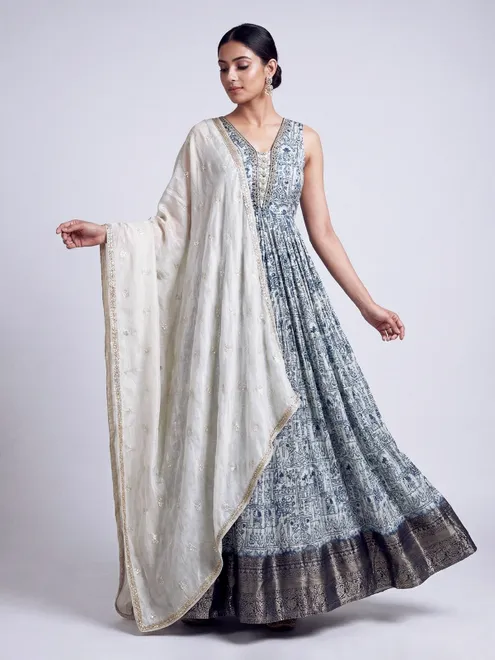 Cotton silk off white printed floor length anarkali suit