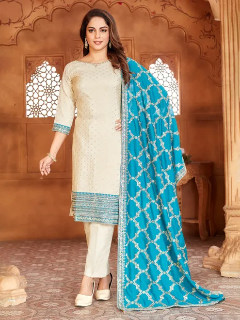 Cream and aqua silk salwar suit with dupatta