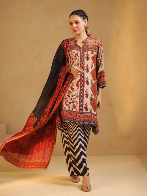 cream and black printed silk salwar suit for women