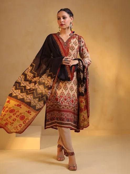 cream and black silk printed festive wear salwar suit