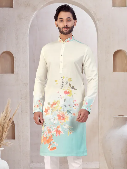 White and blue cotton printed kurta suit