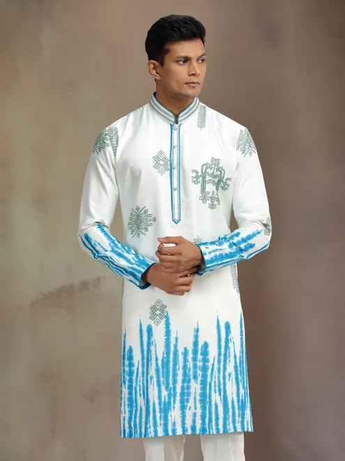 Cream and blue printed silk kurta suit